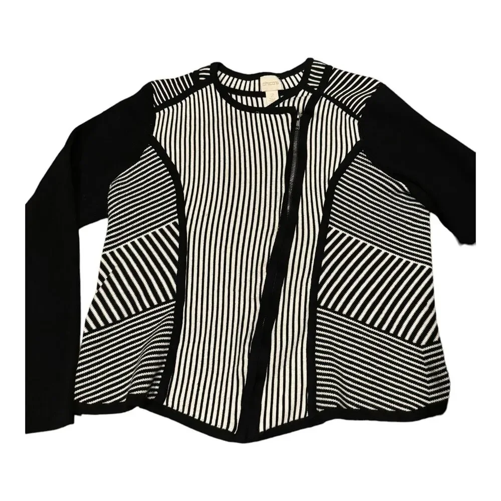Chico's Natania Black/White Stripe asymmetrical Zip Up Cardigan Sweater size 12